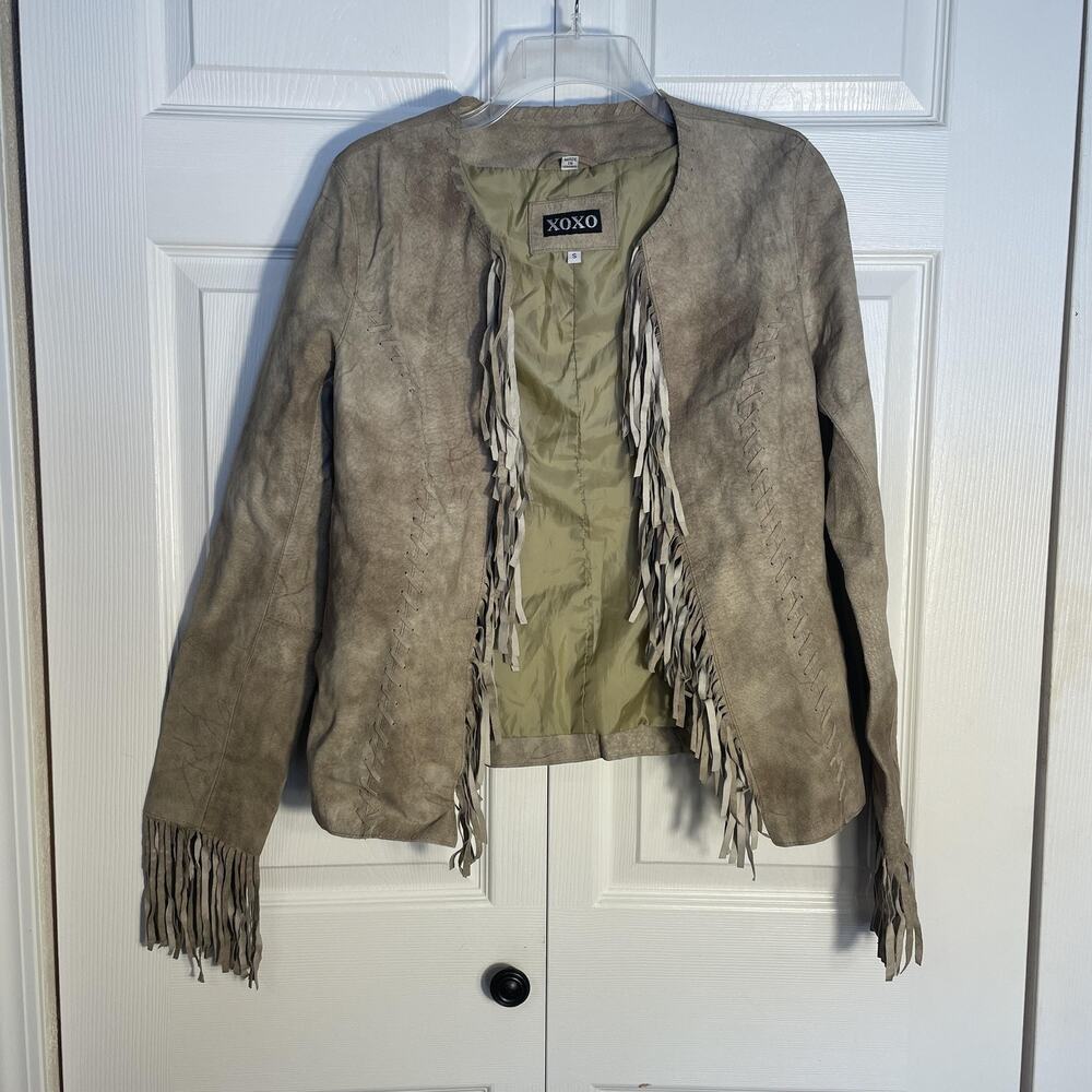 XOXO Jacket Women Small Beige Genuine Leather Fringe Western Boho Y2K Open Front